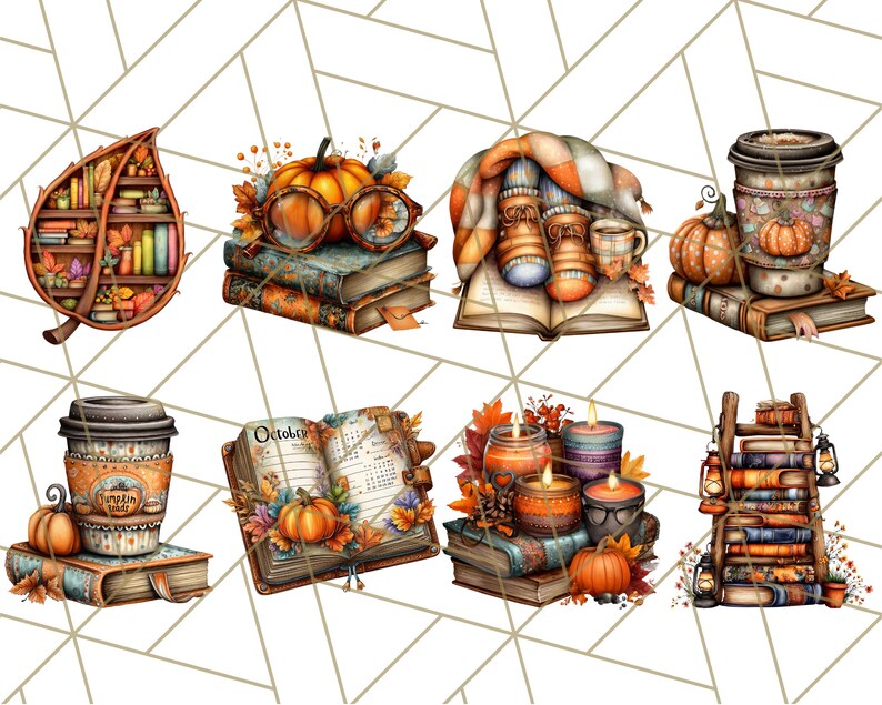 May include: A collection of watercolor illustrations featuring autumn-themed objects. The images include pumpkins, books, coffee cups, candles, and a leaf-shaped bookshelf. The color palette consists of warm oranges, browns, and yellows, evoking a cozy fall atmosphere.