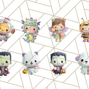 May include: A collection of eight cartoon characters in Halloween costumes. The characters include a clownfish, dragon, fairy, bee, Frankenstein's monster, cat, another Frankenstein's monster, and a dog. Each character is holding a trick-or-treat bag.