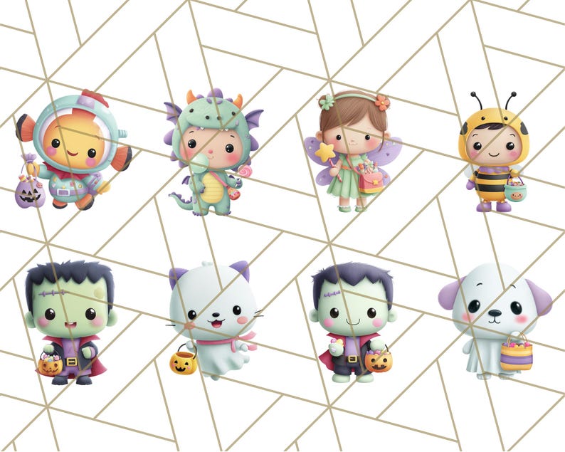 May include: A collection of eight cartoon characters in Halloween costumes. The characters include a clownfish, dragon, fairy, bee, Frankenstein's monster, cat, another Frankenstein's monster, and a dog. Each character is holding a trick-or-treat bag.