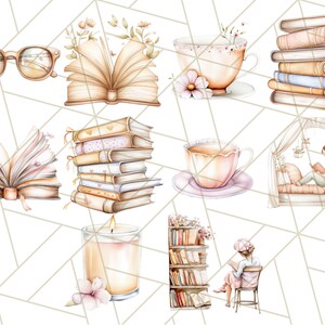 Op de afbeelding: Een aquarel-illustratieset met verschillende boekthema-elementen, waaronder open boeken, stapels boeken, een theekopje, een kaars en een boekenkast. De illustraties zijn in zachte pastelkleuren en hebben delicate bloemdetails.