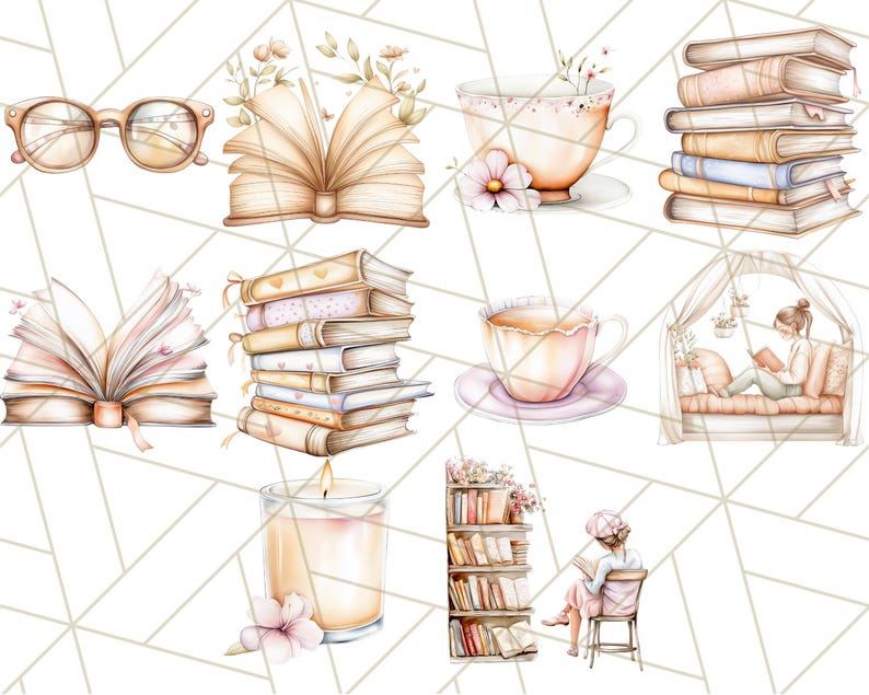Op de afbeelding: Een aquarel-illustratieset met verschillende boekthema-elementen, waaronder open boeken, stapels boeken, een theekopje, een kaars en een boekenkast. De illustraties zijn in zachte pastelkleuren en hebben delicate bloemdetails.