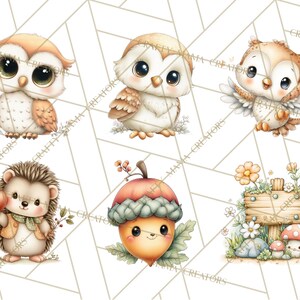May include: Watercolor illustrations of adorable woodland creatures, including owls, a hedgehog, and an acorn. The owls have large eyes and are in various poses. The hedgehog holds an apple, and the acorn has a smiling face. A wooden sign is also featured.