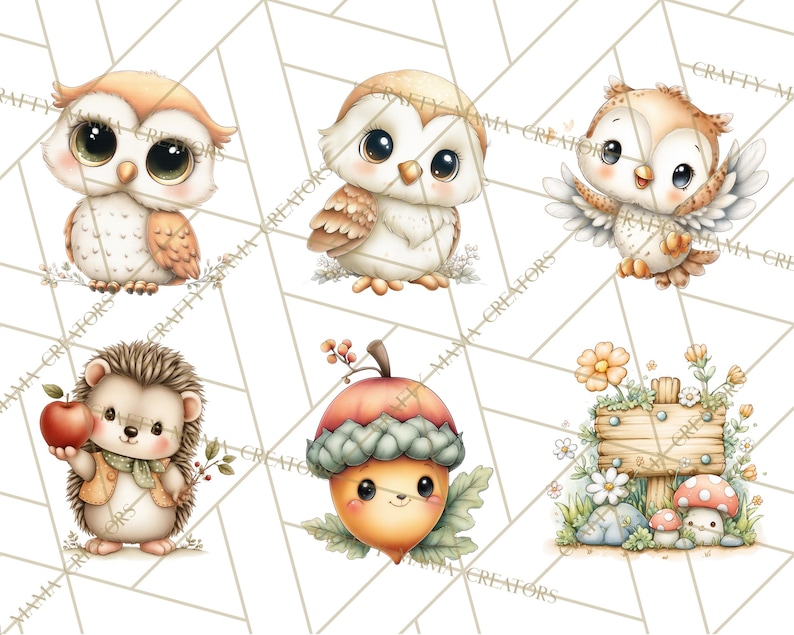 May include: Watercolor illustrations of adorable woodland creatures, including owls, a hedgehog, and an acorn. The owls have large eyes and are in various poses. The hedgehog holds an apple, and the acorn has a smiling face. A wooden sign is also featured.