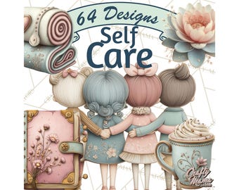 64 png, zelfzorg clipart, pastel wellness png, kawaii planner iconen, journaling illustraties, geestelijke gezondheid graphics, afdrukbare spa kunst