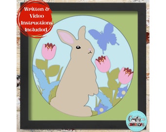 3D Spring Shadow Box Svg, Easter Bunny In A Flower Field Shadowbox Svg, Easter 3D Layered Papercut, Spring Easter Bunny SVG, Spring Floral