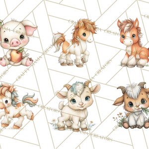 May include: Watercolor illustrations of six adorable farm animals: a pig holding an apple, three ponies, and two goats. The animals are depicted in soft colors with detailed features, set against a geometric patterned background.