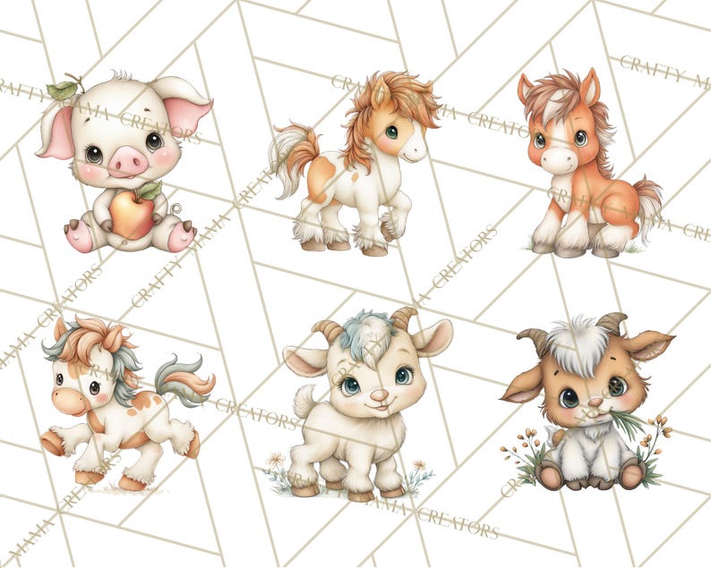 May include: Watercolor illustrations of six adorable farm animals: a pig holding an apple, three ponies, and two goats. The animals are depicted in soft colors with detailed features, set against a geometric patterned background.