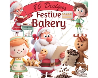 80 Png, Cozy Christmas Bakery PNG Clipart, Gingerbread Clip Art, Cute Elf Characters, Hot Cocoa, Festive Treats, Digital Download Printable