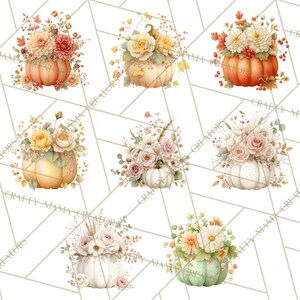 Op de afbeelding: Waterverfillustraties van pompoenen versierd met bloemstukken. De pompoenen vari&euml;ren in kleur, waaronder oranje, wit en groen, en zijn bedekt met rozen, chrysanten en andere bloemen. De achtergrond heeft een geometrisch patroon.