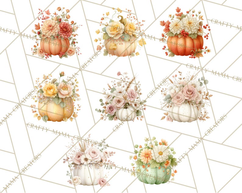 Op de afbeelding: Waterverfillustraties van pompoenen versierd met bloemstukken. De pompoenen vari&euml;ren in kleur, waaronder oranje, wit en groen, en zijn bedekt met rozen, chrysanten en andere bloemen. De achtergrond heeft een geometrisch patroon.
