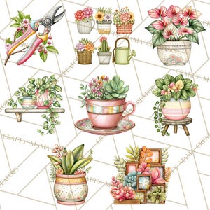 May include: Watercolor illustrations of gardening tools and potted plants. The image features a pair of pink and blue garden shears, along with various potted succulents, cacti, and flowering plants in decorative pots and a watering can.