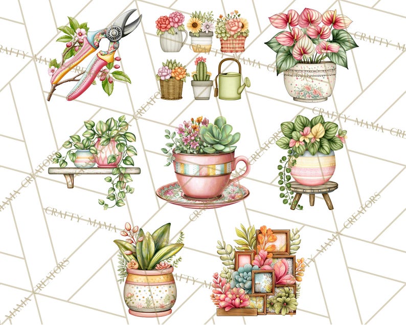 May include: Watercolor illustrations of gardening tools and potted plants. The image features a pair of pink and blue garden shears, along with various potted succulents, cacti, and flowering plants in decorative pots and a watering can.