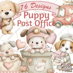 May include: A digital illustration featuring puppies in a post office theme. The image includes a pink delivery van, envelopes, and puppies wearing hats. Text reads "76 Designs Puppy Post Office" in a decorative font. The overall color palette is soft and pastel.