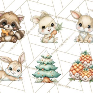 May include: A collection of watercolor illustrations featuring adorable animals and objects. Includes a raccoon holding a fruit, bunnies with carrots, a Christmas tree, and pineapples. The illustrations have a soft, pastel color palette.