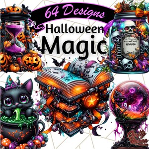 May include: 64 Halloween Magic designs featuring a black cat with green potion, a stack of books with a star, a jar with skulls and flowers, and a crystal ball with a witch and stars.