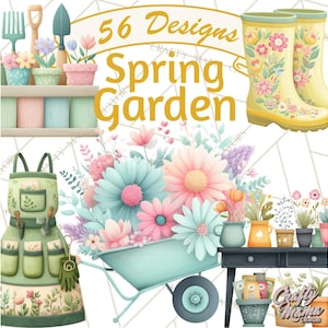 Könnte beinhalten: Aquarell-Illustration mit Frühlingsgarten-Thema. Das Bild zeigt Gartengeräte, Blumentöpfe, eine Schubkarre voller Blumen, eine Gartenschürze und Gummistiefel. Der Text lautet "56 Designs Spring Garden".