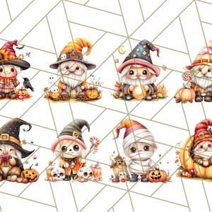 May include: Eight Halloween gnomes in various costumes, including a witch, a mummy, a pumpkin, and a wizard. Each gnome is holding a Halloween-themed item, such as a pumpkin, a candy cane, or a cauldron. The gnomes are surrounded by fall foliage and pumpkins.