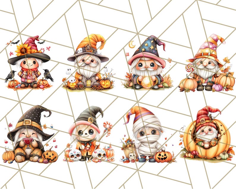 May include: Eight Halloween gnomes in various costumes, including a witch, a mummy, a pumpkin, and a wizard. Each gnome is holding a Halloween-themed item, such as a pumpkin, a candy cane, or a cauldron. The gnomes are surrounded by fall foliage and pumpkins.