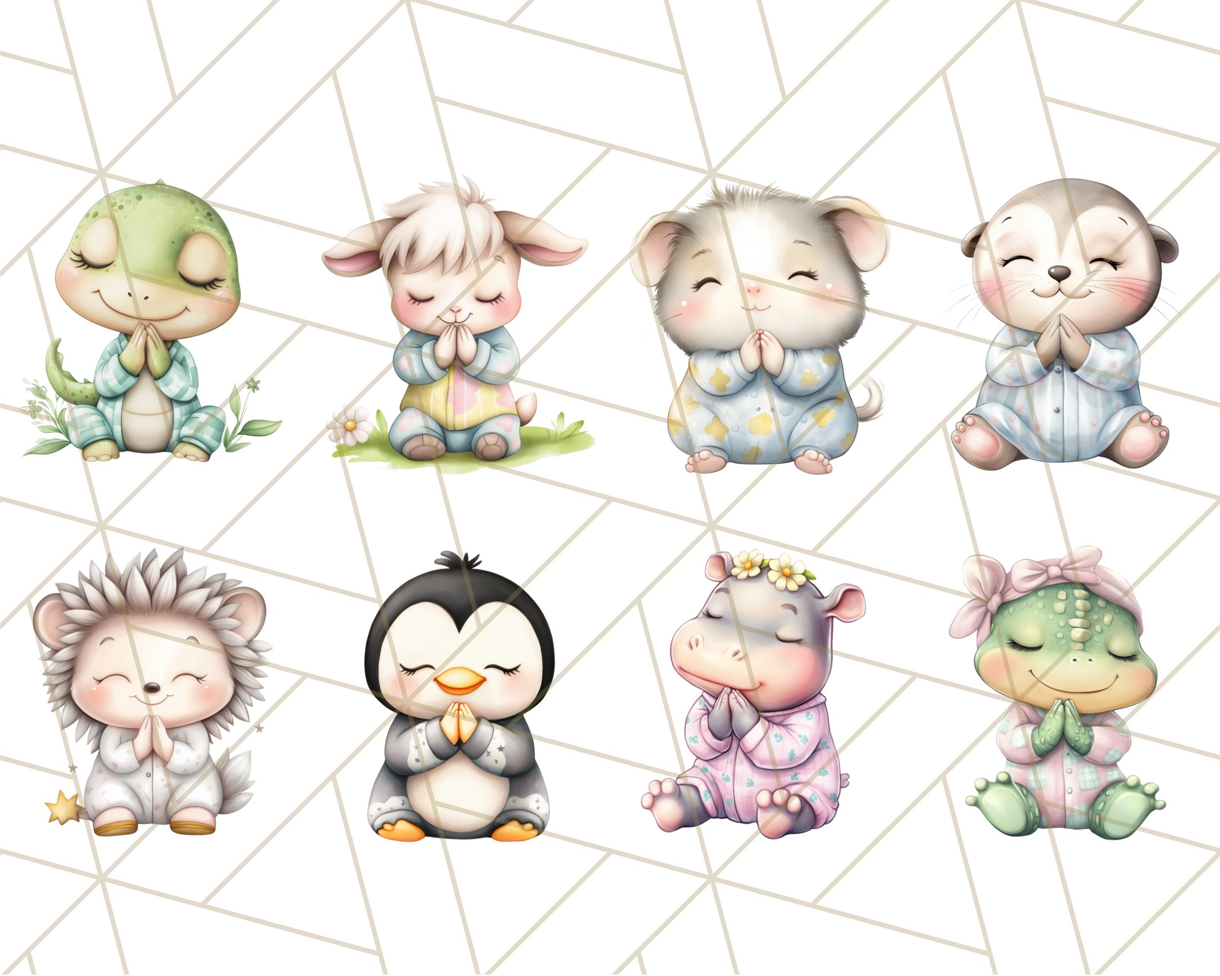 Baby Animals in Pajamas Praying Clipart, Cute Clip Art for Kids Room ...
