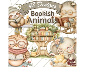 Bookish Animals Clipart PNG, Cute Reading Animals Clip Art, Animal Librarian Illustrations, Book Lover Animal Graphics, Cozy Reading PNGs