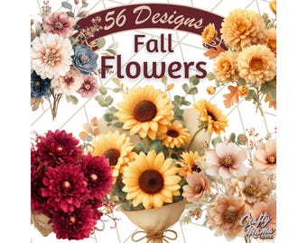 Fall Flower Bouquets Clipart, Autumn Floral Clip Art PNG, Rustic Fall Flowers, Thanksgiving Bouquet PNG, Watercolor Fall Flowers PNG