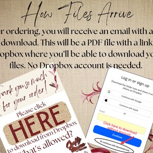 May include: Image with text: "How Files Arrive" and instructions on downloading files after purchase. Includes a "Thank you" card and a Dropbox login prompt. The text encourages users to download without an account.