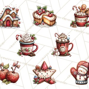 Puede incluir: Colecci&oacute;n de ilustraciones navide&ntilde;as en acuarela. Incluye una casa de jengibre, una tarta con bayas, tazas de chocolate caliente con crema batida y bastones de caramelo, manzanas rojas con pajitas, una galleta en forma de estrella y un mit&oacute;n de mu&ntilde;eco de nieve.
