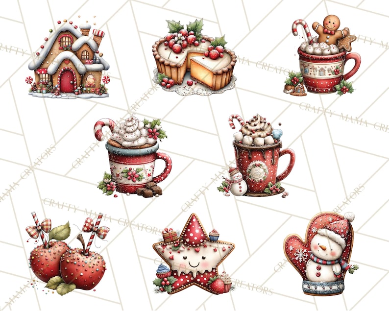 Puede incluir: Colecci&oacute;n de ilustraciones navide&ntilde;as en acuarela. Incluye una casa de jengibre, una tarta con bayas, tazas de chocolate caliente con crema batida y bastones de caramelo, manzanas rojas con pajitas, una galleta en forma de estrella y un mit&oacute;n de mu&ntilde;eco de nieve.