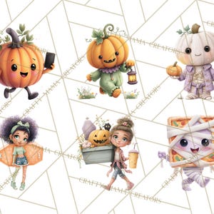 Peut inclure: Ensemble d'illustrations fantaisistes sur le th&egrave;me d'Halloween. Les images pr&eacute;sentent des citrouilles de dessins anim&eacute;s, une pizza momie et une fille avec une citrouille. Les citrouilles sont orange et blanches, et la pizza momie est envelopp&eacute;e de bandages.