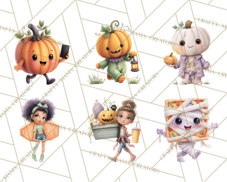 Peut inclure: Ensemble d'illustrations fantaisistes sur le th&egrave;me d'Halloween. Les images pr&eacute;sentent des citrouilles de dessins anim&eacute;s, une pizza momie et une fille avec une citrouille. Les citrouilles sont orange et blanches, et la pizza momie est envelopp&eacute;e de bandages.