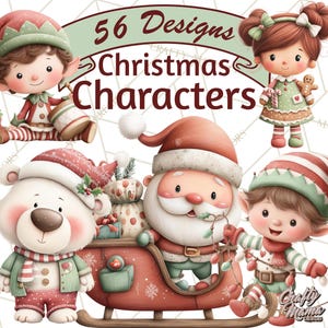 Puede incluir: Una ilustración digital con personajes navideños, incluyendo a Papá Noel, elfos y un oso polar, con el texto "56 Designs Christmas Characters" en una pancarta. Los personajes visten atuendos festivos.