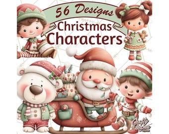 56 Png, Weihnachtsfiguren Clipart PNG, süße Feiertagsillustrationen, Weihnachtsmann, Rentier, Elfen, Schneemänner, Pinguine, für Karten und Basteln