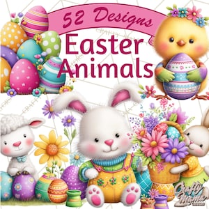 May include: A digital illustration featuring Easter-themed animals and eggs. The image includes a chick, bunny, and lamb, along with decorated eggs and flowers. Text reads "52 Designs Easter Animals."