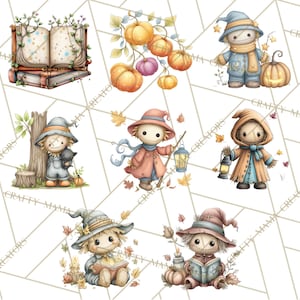 Pode incluir: Ilustra&ccedil;&otilde;es em aquarela com temas de outono. Inclui imagens de ab&oacute;boras, espantalhos, livros e folhagens de outono. A obra de arte tem um estilo suave e caprichoso com cores quentes, perfeito para artesanato e designs sazonais.