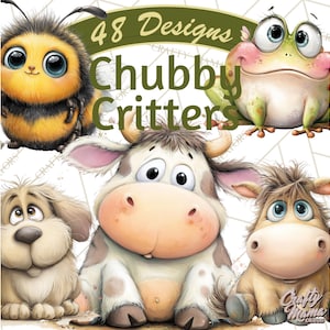 Pu&ograve; includere: Un'illustrazione digitale con una collezione di adorabili animali in stile cartone animato. L'immagine include un'ape, una rana, un cane, una mucca e un cavallo, tutti con grandi occhi e un aspetto paffuto. Il testo recita "48 Designs" e "Chubby Critters".