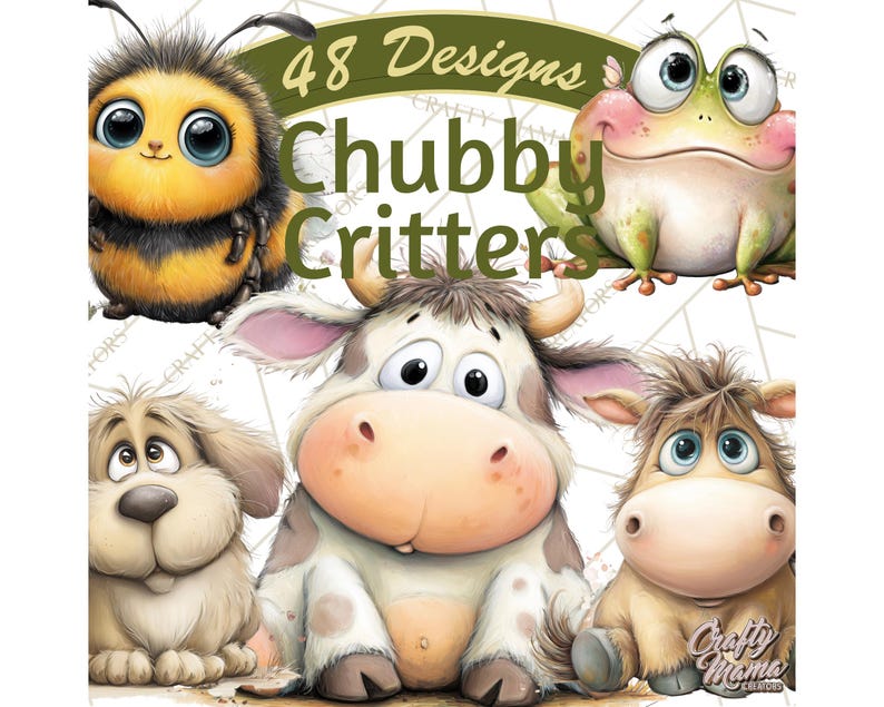 Pu&ograve; includere: Un'illustrazione digitale con una collezione di adorabili animali in stile cartone animato. L'immagine include un'ape, una rana, un cane, una mucca e un cavallo, tutti con grandi occhi e un aspetto paffuto. Il testo recita "48 Designs" e "Chubby Critters".