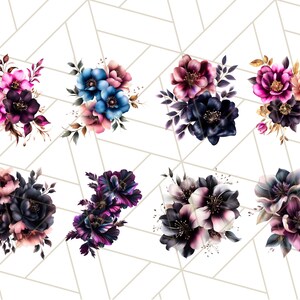 May include: A digital illustration of ten bouquets of flowers in various shades of pink, purple, blue, and black. The flowers are arranged in a cluster and have a watercolor effect.