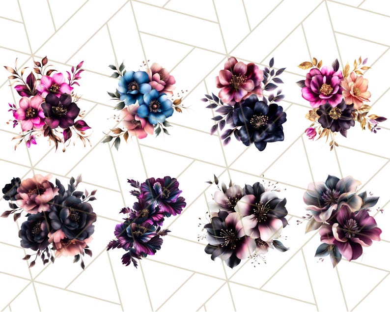 May include: A digital illustration of ten bouquets of flowers in various shades of pink, purple, blue, and black. The flowers are arranged in a cluster and have a watercolor effect.