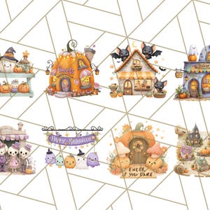 Peut inclure: Illustrations &agrave; l'aquarelle sur le th&egrave;me d'Halloween. Les images pr&eacute;sentent des boutiques et des sc&egrave;nes, notamment une maison citrouille, une boulangerie et une confiserie, d&eacute;cor&eacute;es de chauves-souris, de fant&ocirc;mes et de citrouilles. La phrase "Enter if you dare" est &eacute;galement visible.