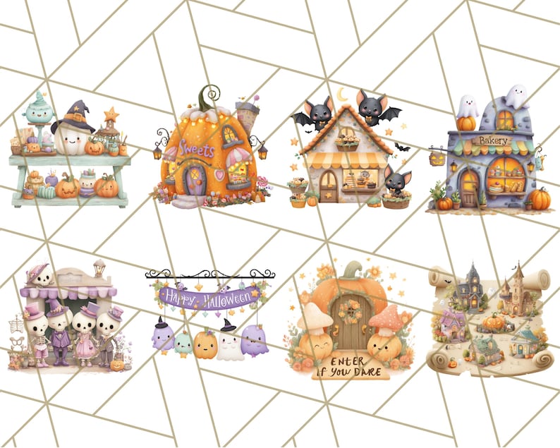Peut inclure: Illustrations &agrave; l'aquarelle sur le th&egrave;me d'Halloween. Les images pr&eacute;sentent des boutiques et des sc&egrave;nes, notamment une maison citrouille, une boulangerie et une confiserie, d&eacute;cor&eacute;es de chauves-souris, de fant&ocirc;mes et de citrouilles. La phrase "Enter if you dare" est &eacute;galement visible.