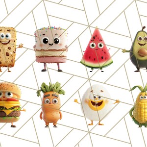 May include: Cartoon illustrations of various foods with smiling faces.  A brown and white cookie, a pink and white cake, a red watermelon, a green avocado, a hamburger, a carrot, a white egg, and a yellow corn.