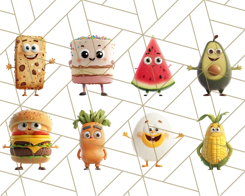 May include: Cartoon illustrations of various foods with smiling faces.  A brown and white cookie, a pink and white cake, a red watermelon, a green avocado, a hamburger, a carrot, a white egg, and a yellow corn.