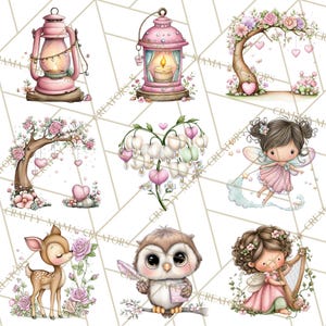 Puede incluir: Colecci&oacute;n de ilustraciones acuareladas caprichosas con una linterna rosa, un hada, un ciervo, un b&uacute;ho y una ni&ntilde;a tocando el arpa. Las im&aacute;genes est&aacute;n adornadas con flores, corazones y una paleta de colores pastel, creando una est&eacute;tica encantadora y de cuento de hadas.