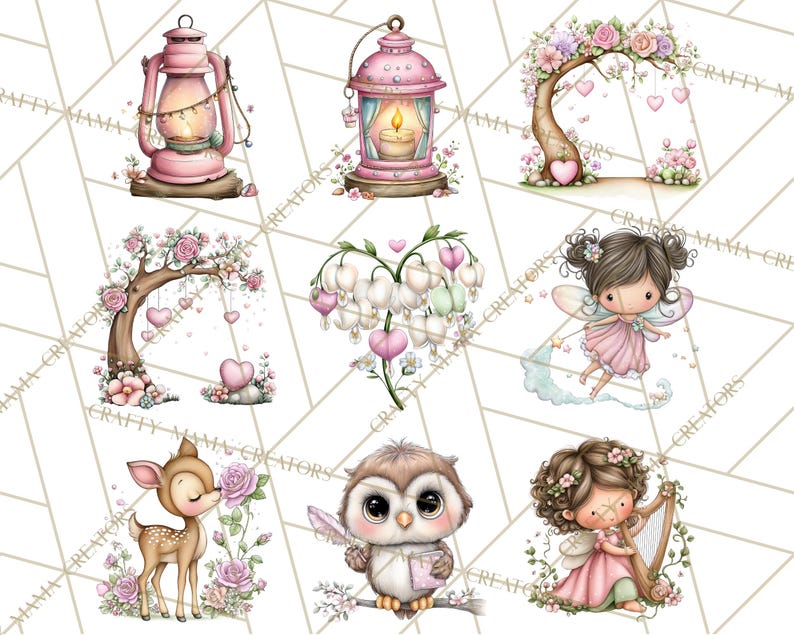 Puede incluir: Colecci&oacute;n de ilustraciones acuareladas caprichosas con una linterna rosa, un hada, un ciervo, un b&uacute;ho y una ni&ntilde;a tocando el arpa. Las im&aacute;genes est&aacute;n adornadas con flores, corazones y una paleta de colores pastel, creando una est&eacute;tica encantadora y de cuento de hadas.