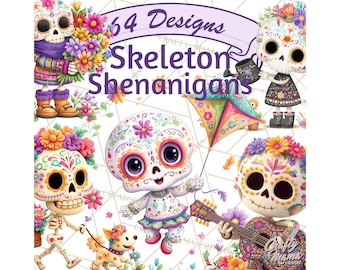 May include: A colorful digital illustration featuring whimsical skeleton characters. The image includes skeletons with floral decorations, holding a guitar, watering can, and a kite. Text reads "64 Designs Skeleton Shenanigans" and "Crafty Mama Creators".