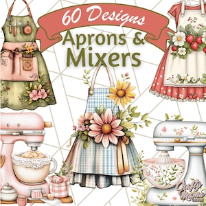 Puede incluir: 60 Diseños Delantales & Batidoras. Una colección de delantales y batidoras de pie coloridos con diseños florales. Los delantales son verdes, rojos y azules con patrones florales. Las batidoras de pie son rosas y blancas con acentos florales.