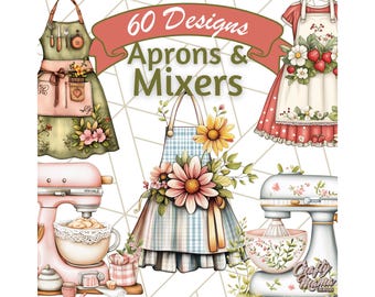 Cottagecore Kitchen Stand Mixer and Apron Clipart, PNG Fairytale Cottage Baking Clip Art, Pastel Vintage Kitchen Mixer PNG Illustrations