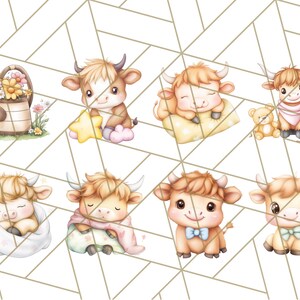 May include: A digital clipart set featuring eight adorable cartoon illustrations of brown and white cows in various poses. The cows are wearing different accessories, such as a bow tie, a blanket, and a teddy bear. The illustrations are perfect for adding a touch of whimsy to any project.