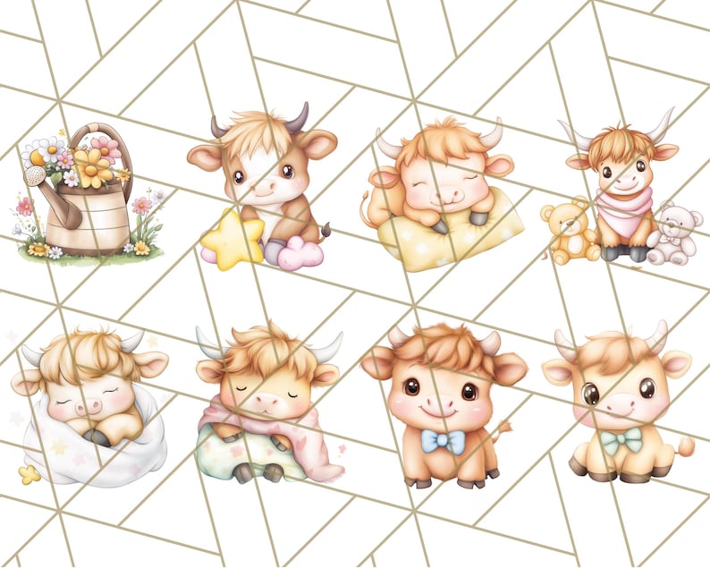 May include: A digital clipart set featuring eight adorable cartoon illustrations of brown and white cows in various poses. The cows are wearing different accessories, such as a bow tie, a blanket, and a teddy bear. The illustrations are perfect for adding a touch of whimsy to any project.