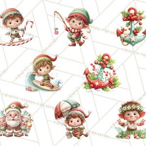 May include: Watercolor illustrations of Christmas elves in various poses. One elf surfs on a candy cane surfboard, another fishes with a candy cane lure, and others are shown with anchors and tropical themes. The images have a whimsical, festive feel.